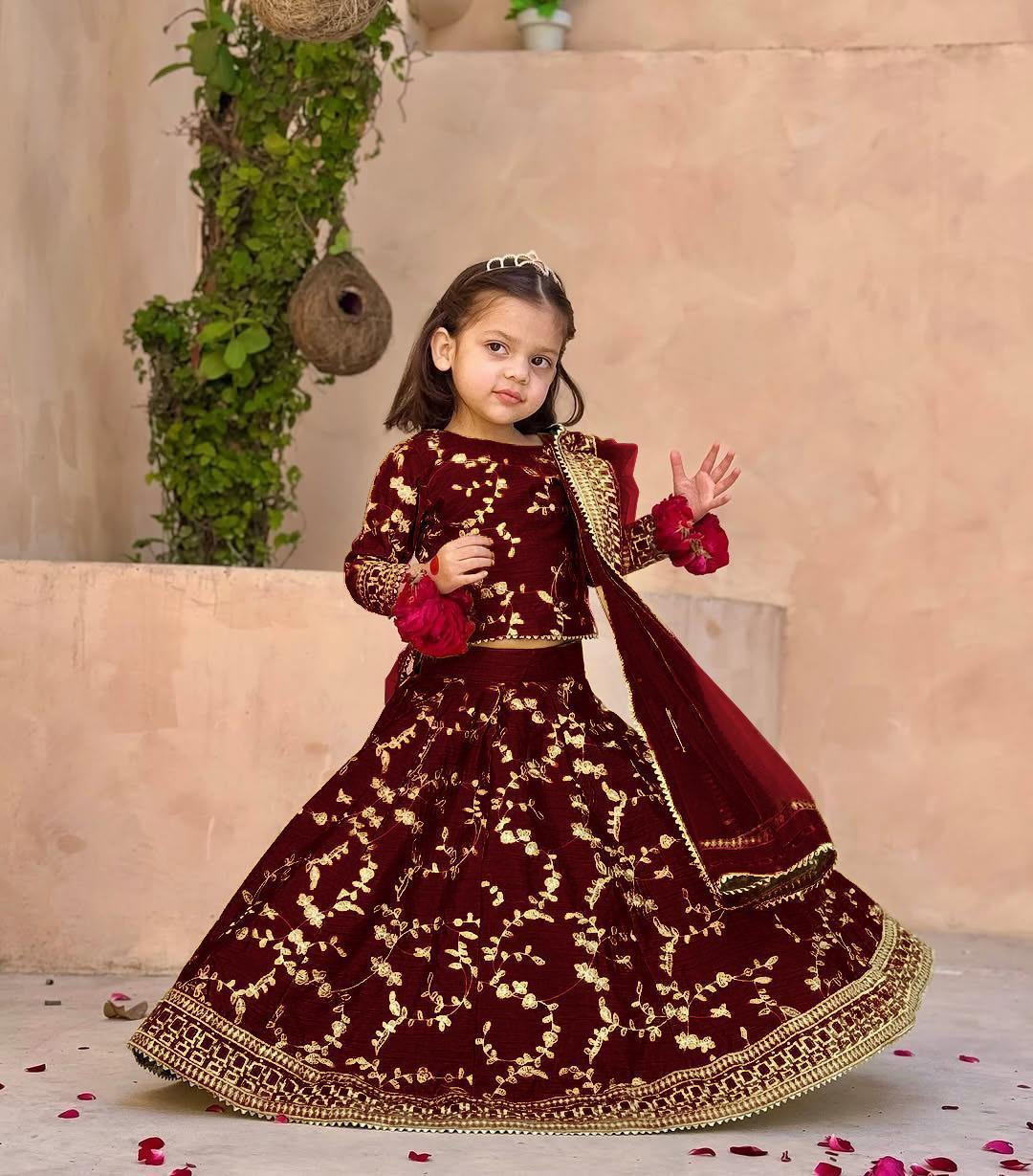 Kids Embroidered Silk 3Pcs Dress Set with Skirt & Organza Dupatta