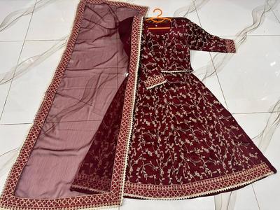 Kids Embroidered Silk 3Pcs Dress Set with Skirt & Organza Dupatta