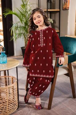 Girls 2 Pcs Cotton Embroidered Kurta & Trouser Set – Maroon