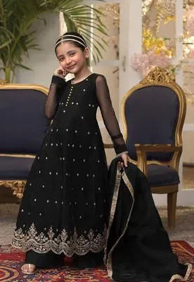 3 Pcs Girl's Chiffon Embroidered Frock And Trouser Set