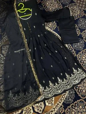 3 Pcs Girl's Chiffon Embroidered Frock And Trouser Set