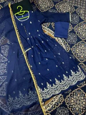 3 Pcs Girl's Chiffon Embroidered Frock And Trouser Set