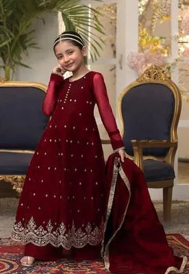 3 Pcs Girl's Chiffon Embroidered Frock And Trouser Set