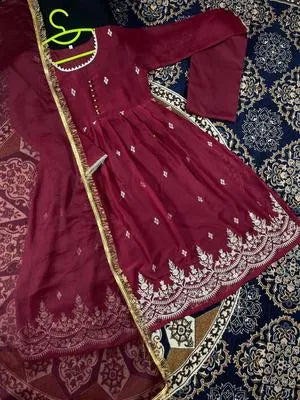 3 Pcs Girl's Chiffon Embroidered Frock And Trouser Set