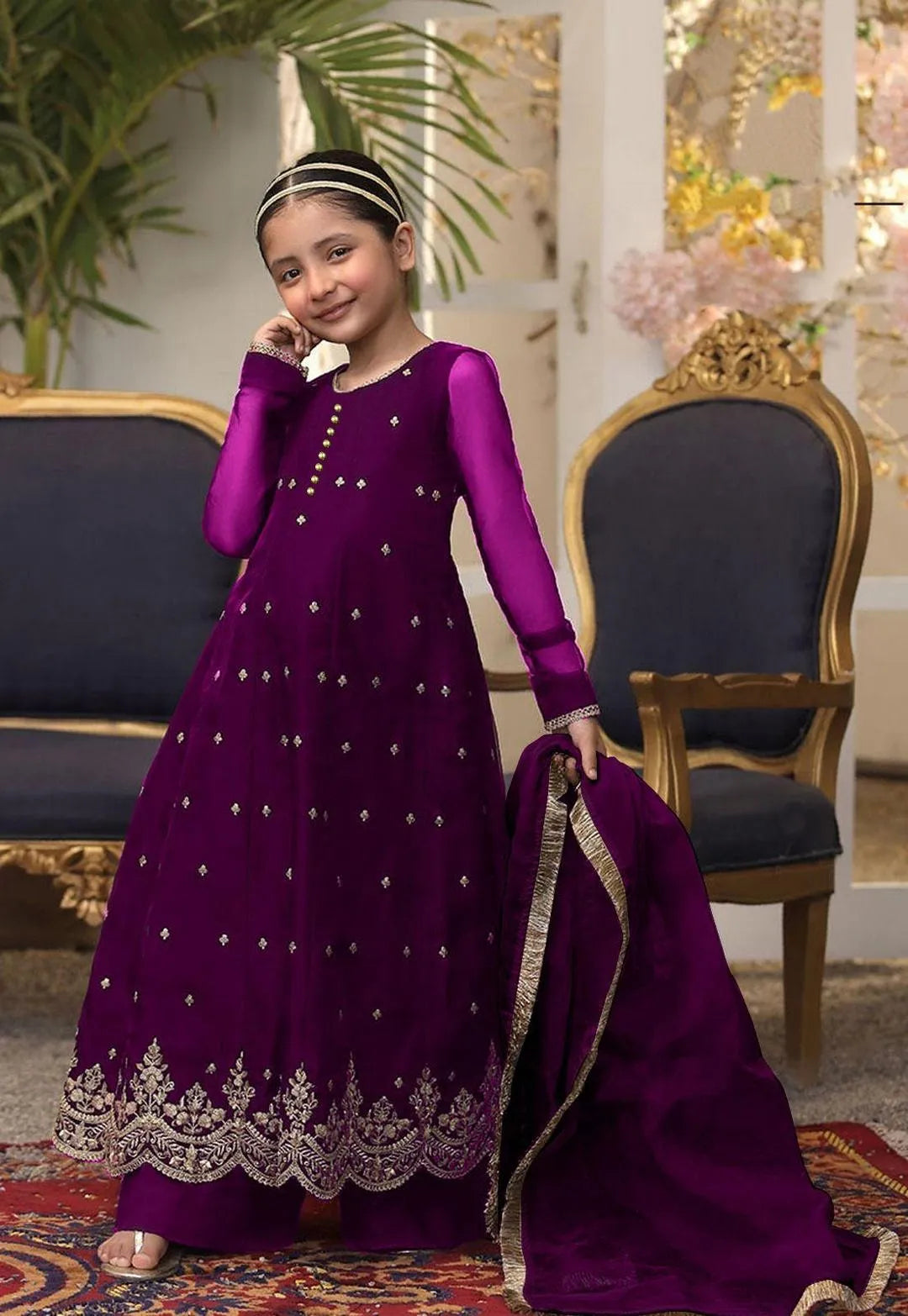 Girls 3 Pcs Chiffon Embroidered Frock, Trouser & Dupatta Set