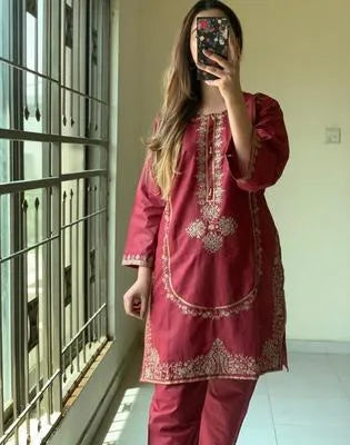 Stylish Maroon Embroidered Suit Set - 3 Pcs Linen Ensemble