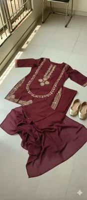Stylish Maroon Embroidered Suit Set - 3 Pcs Linen Ensemble