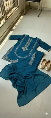 Elegant Blue Linen Embroidered Suit 3-Pcs Set – Shirt, Trouser & Dupatta