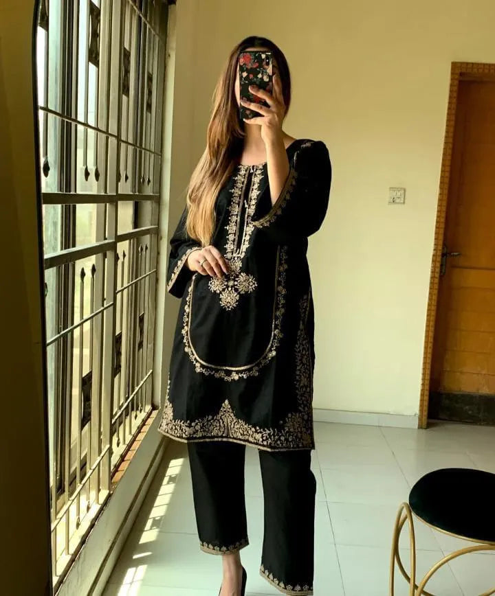 Stunning Black Linen Embroidered Suit - 3 Pcs Set