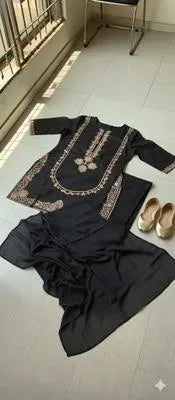 Stunning Black Linen Embroidered Suit - 3 Pcs Set