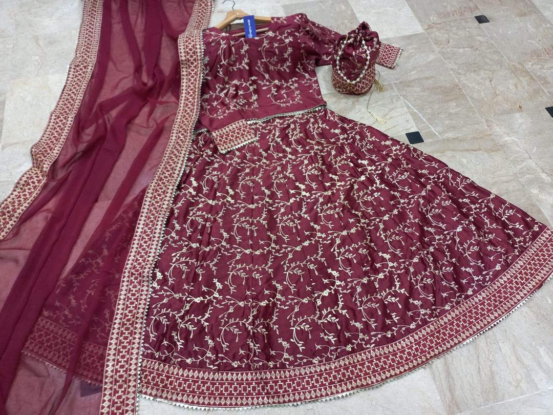 Stunning 4 Pcs Embroidered Katan Silk Lehenga Set in Maroon